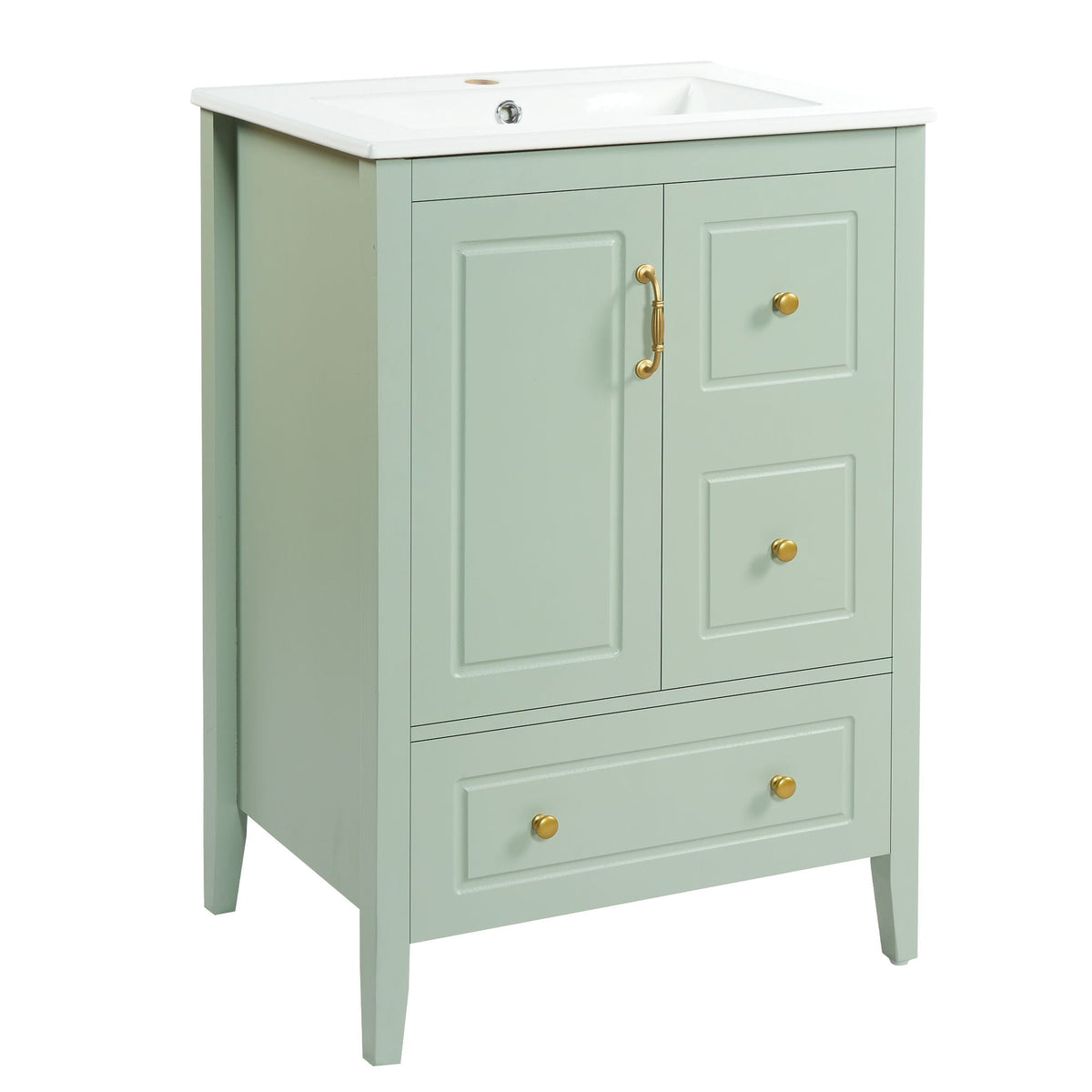 Retro vanity with white ceramic sink on sage green cabinet, brass hardware on Tampa Home & Garden Store