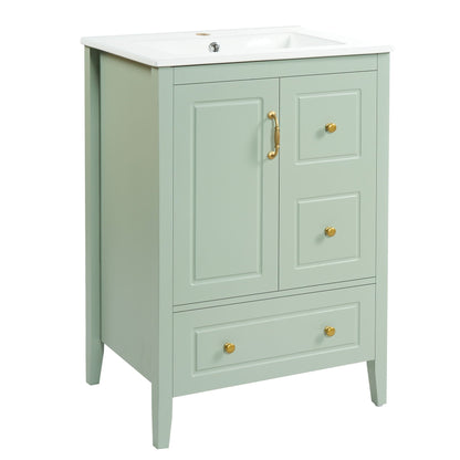 Retro vanity with white ceramic sink on sage green cabinet, brass hardware on Tampa Home & Garden Store
