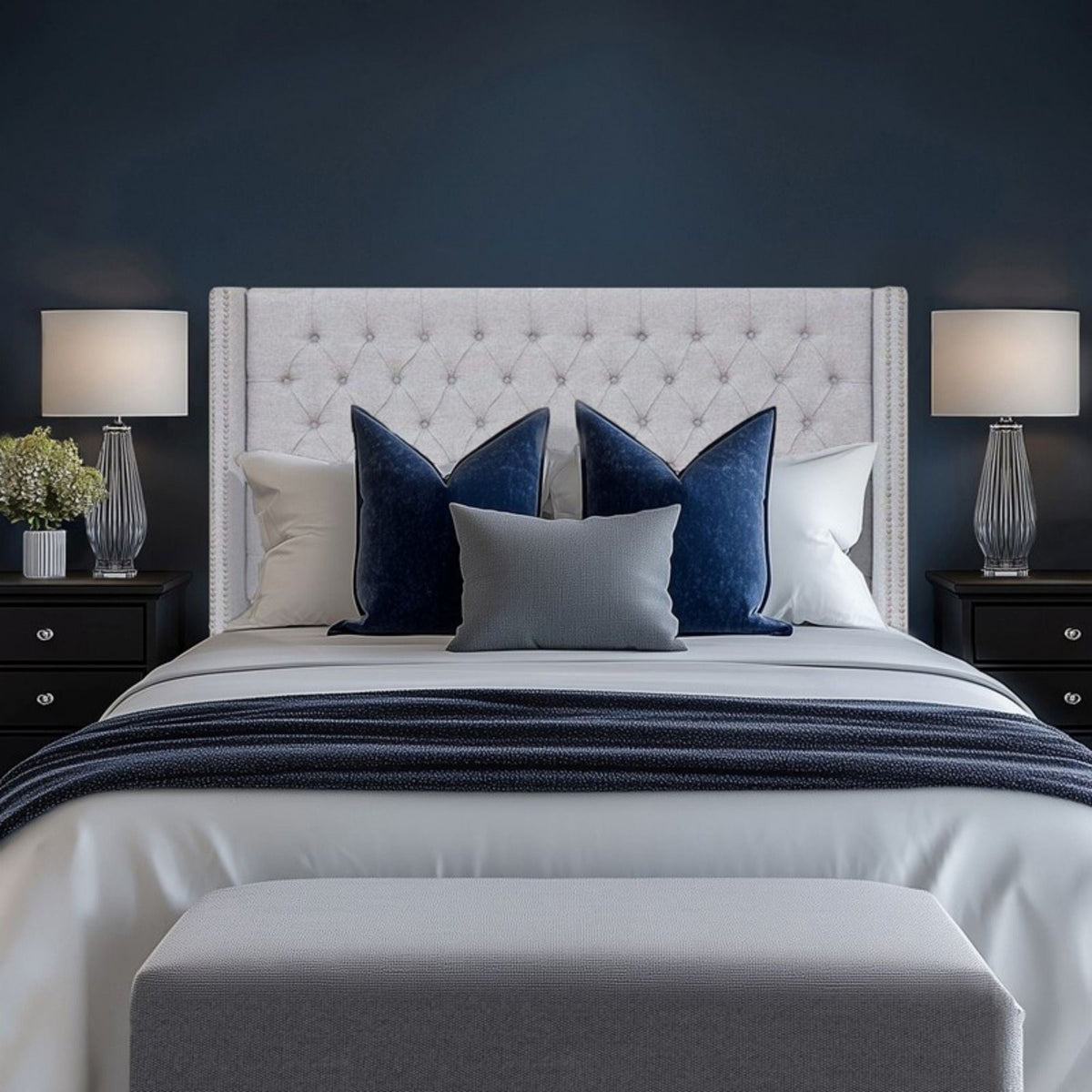 HouseOfZazla upholstered headboard with tufted buttons and nailhead trim in gray fabric queen on Tampa Home & Garden Store