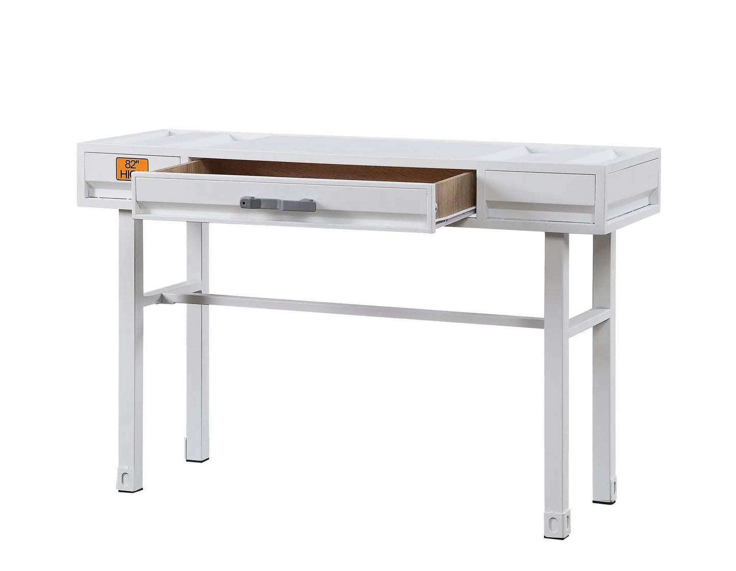 Cargo vanity desk with functional storage, white metal frame, wood interior center drawer on Tampa Home & Garden Store