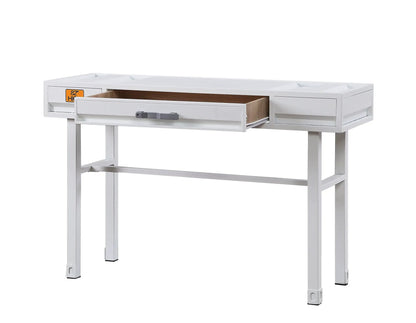 Cargo vanity desk with functional storage, white metal frame, wood interior center drawer on Tampa Home & Garden Store