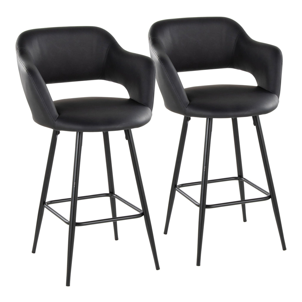 Contemporary fixed-height counter stools, black leather, square footrest, 2-pack on Tampa Home & Garden Store