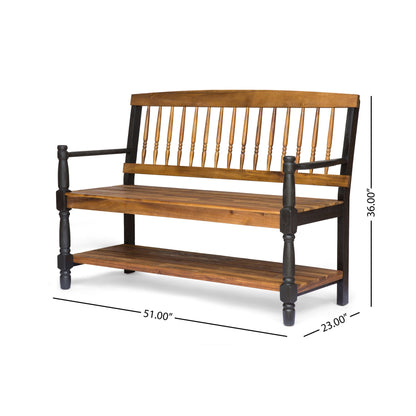 Slatted bench with built-in lower shelf in warm brown wood and black frame on Tampa Home & Garden Store