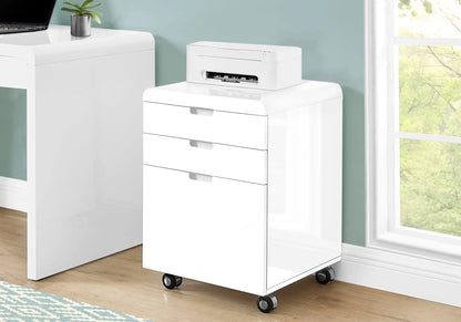 Glossy white rolling file cabinet with four drawers on casters topped by a printer stand on Tampa Home & Garden Store
