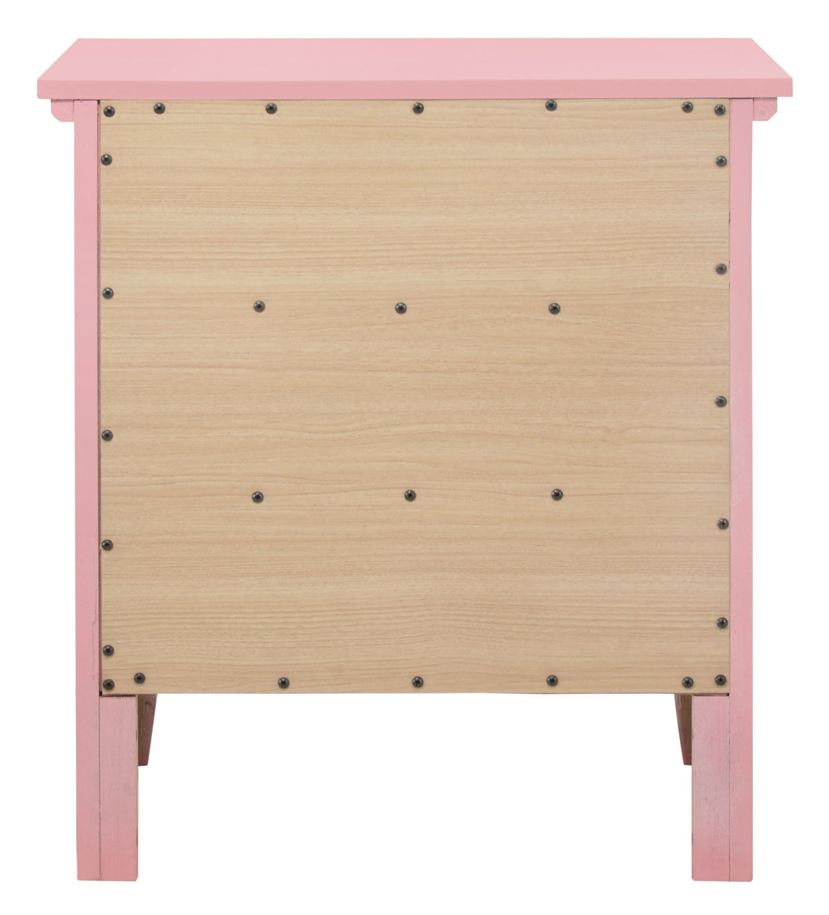 Pink nightstand with natural wood panels and dove-tailed drawers on Tampa Home & Garden Store
