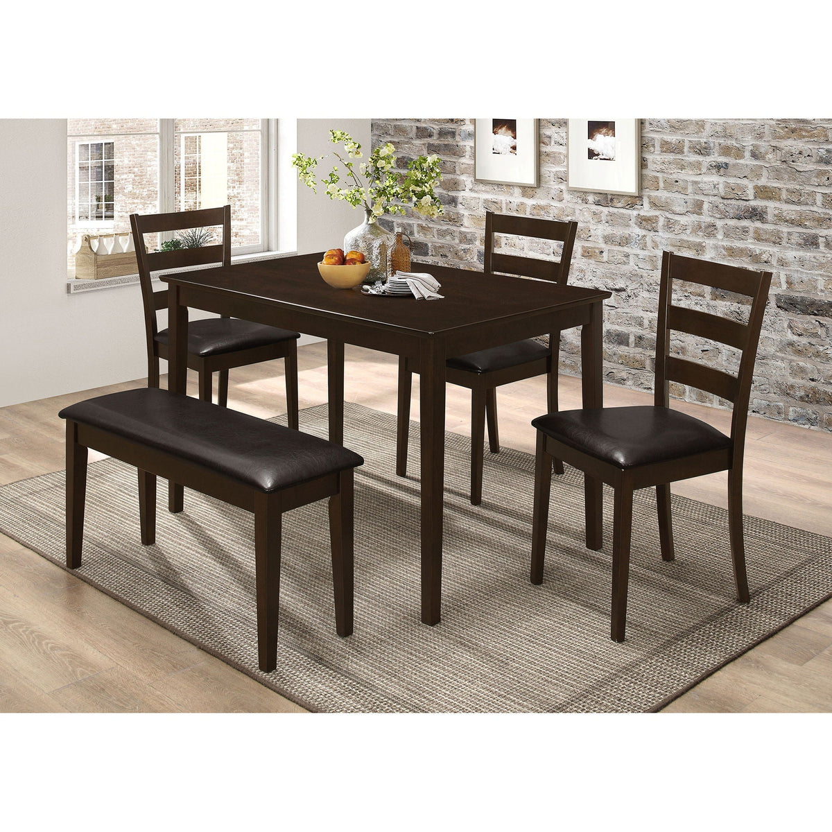 5 Piece Dining Set cappuccino with rectangular table, bench and chairs, dark wood finish on Tampa Home & Garden Store