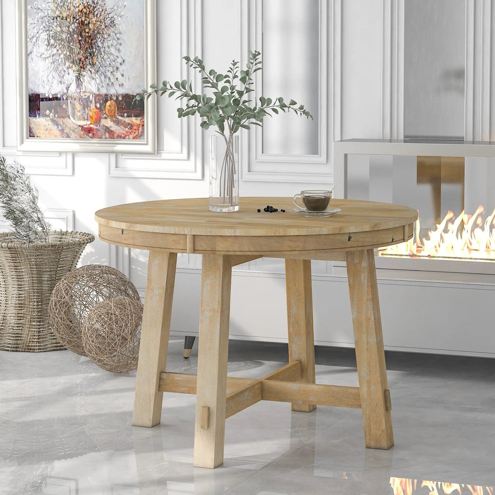 Gia round extendable dining table with 16-inch leaf in light wood, pedestal base on Tampa Home & Garden Store