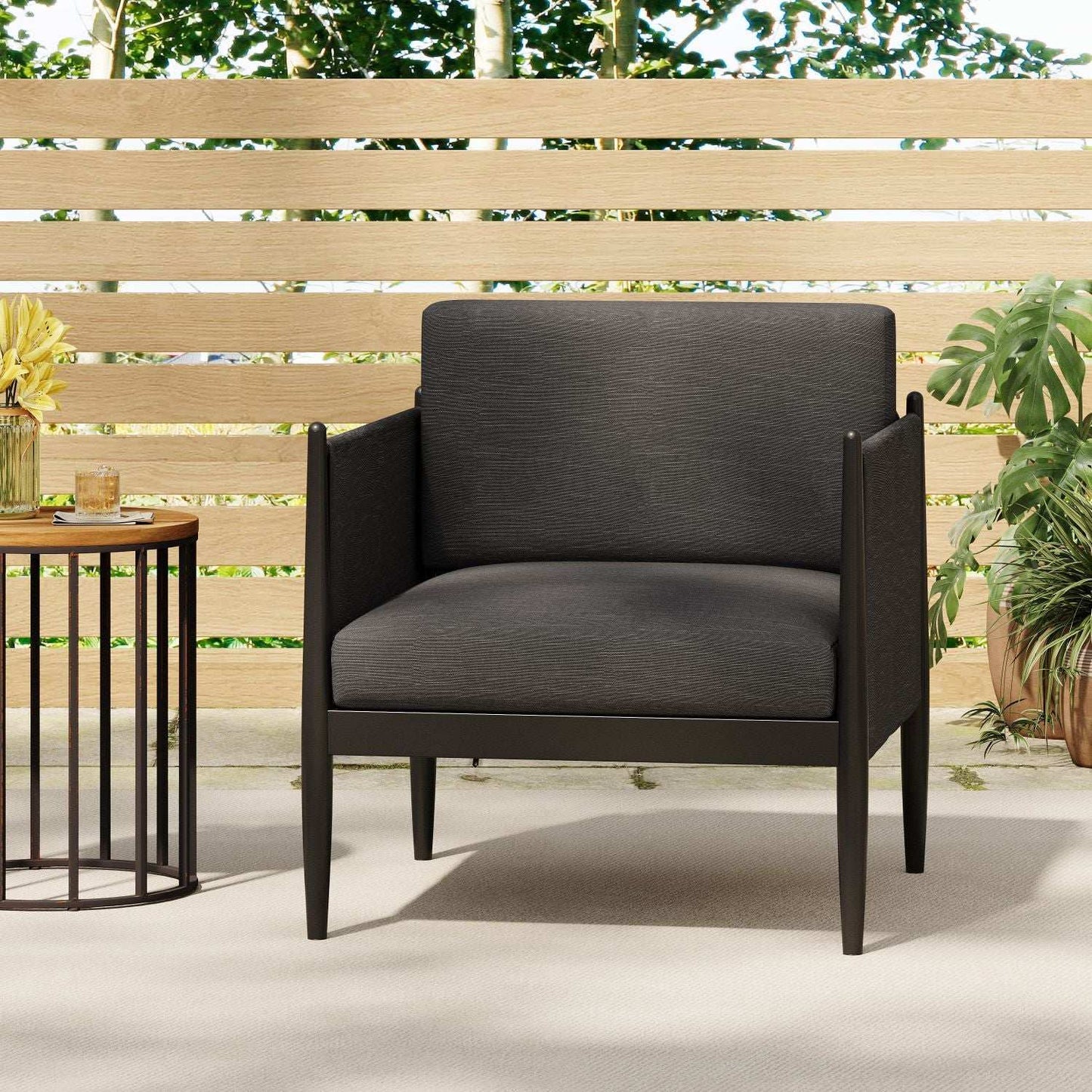 Dawson Club Chair, outdoor arm chair by HouseOfZazla in charcoal fabric with black metal frame on Tampa Home & Garden Store