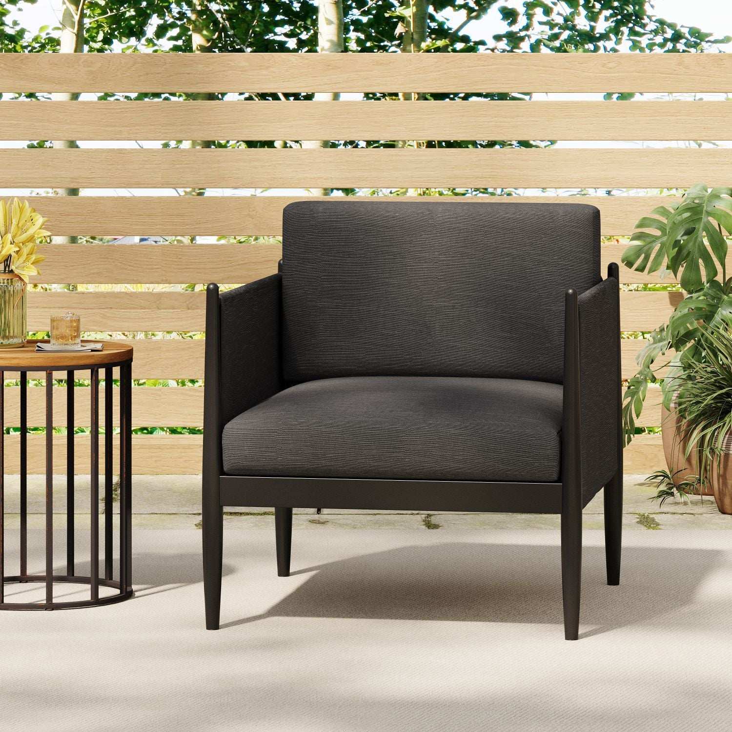 Dawson Club Chair, outdoor arm chair by HouseOfZazla in charcoal fabric with black metal frame on Tampa Home & Garden Store