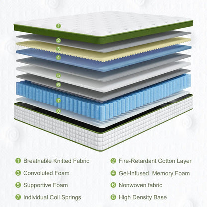12-inch hybrid mattress with gel memory foam & pocket springs, exploded layer diagram with green edge on Tampa Home & Garden Store