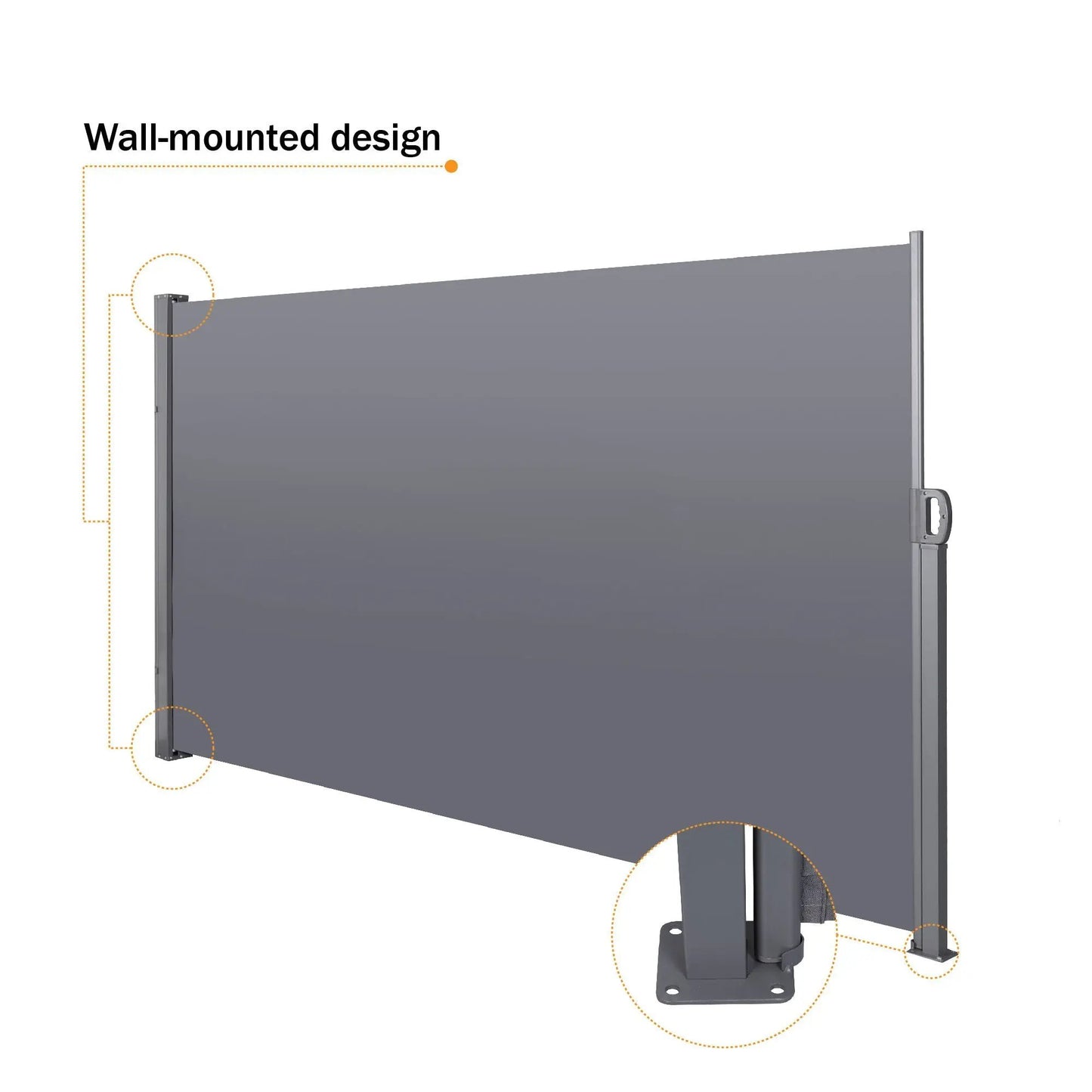 Retractable side screen awning with gray fabric and metal brackets on Tampa Home & Garden Store