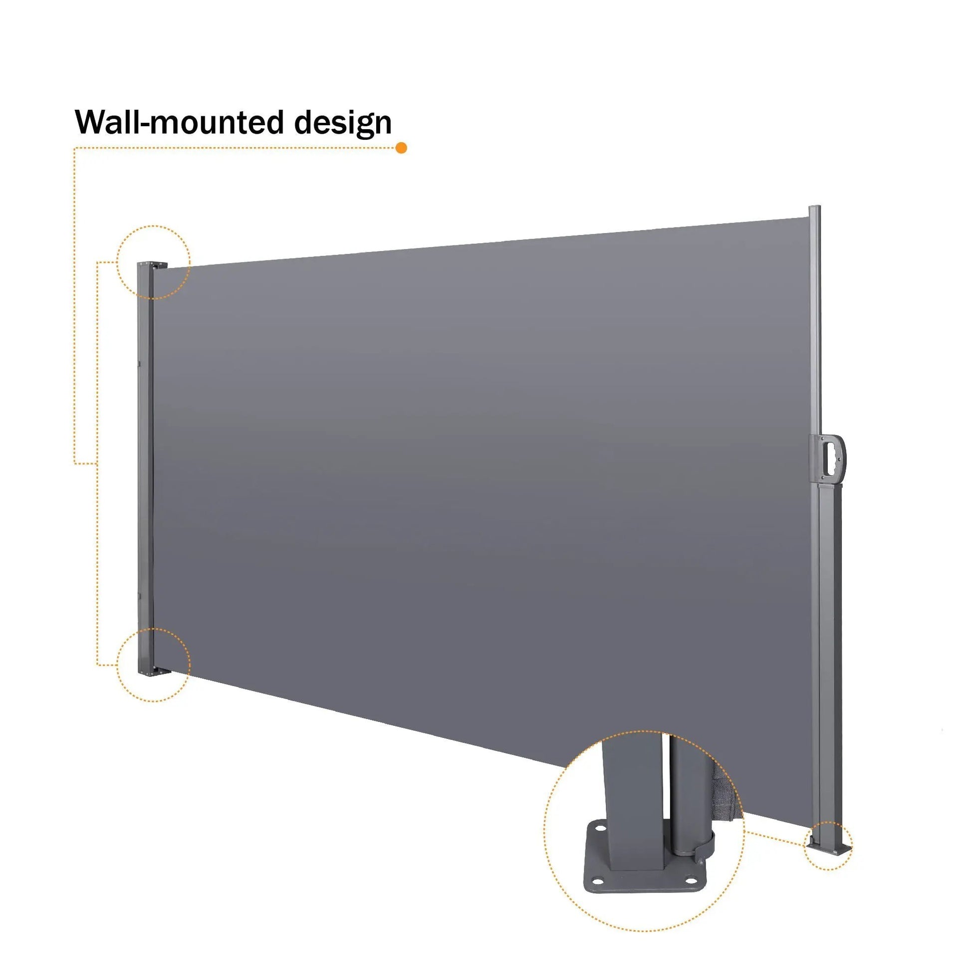 Retractable side screen awning with gray fabric and metal brackets on Tampa Home & Garden Store