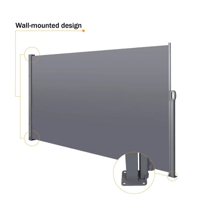 Retractable side screen awning with gray fabric and metal brackets on Tampa Home & Garden Store