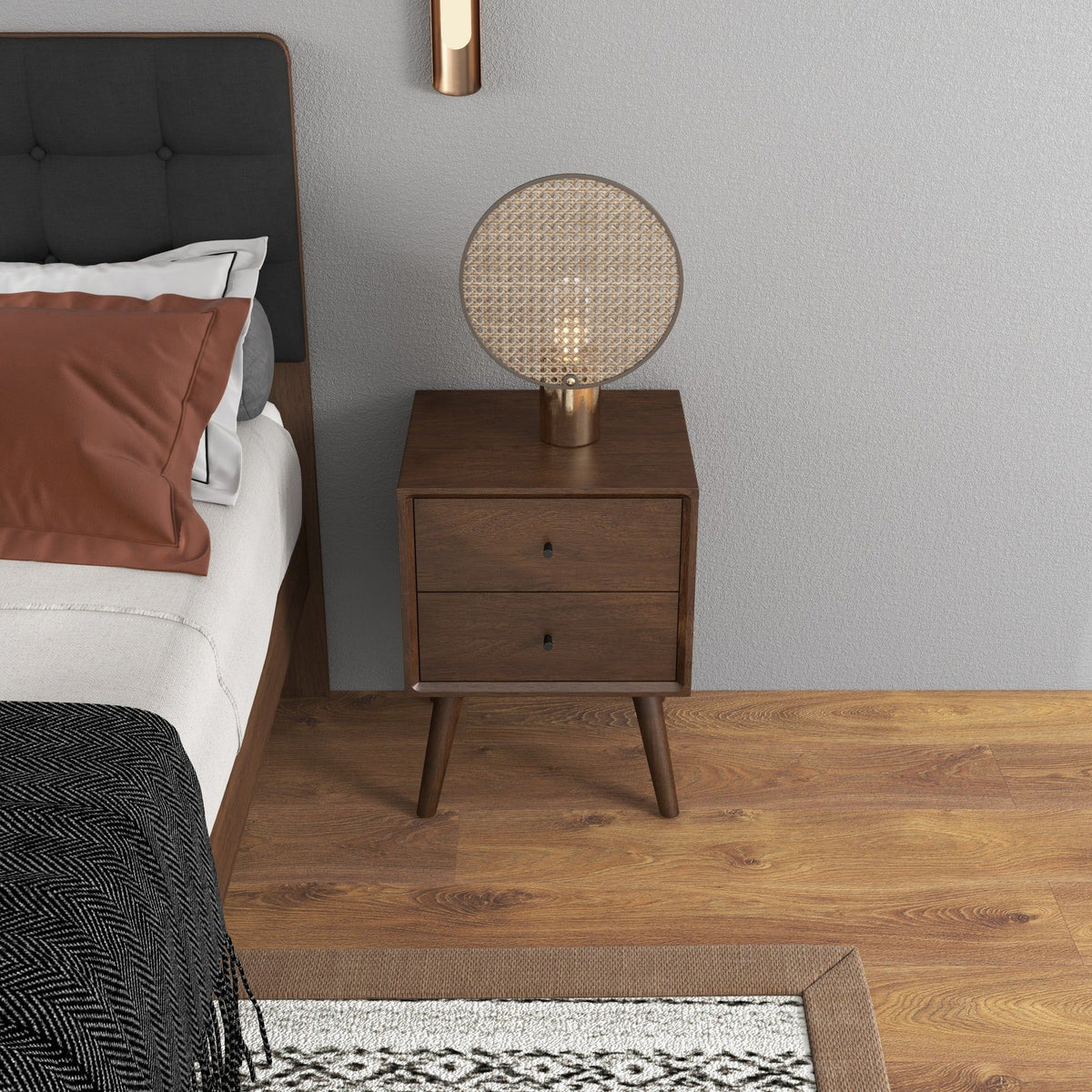 Mid-Century Modern Night Stand with 2 Drawers, dark brown wood on Tampa Home & Garden Store