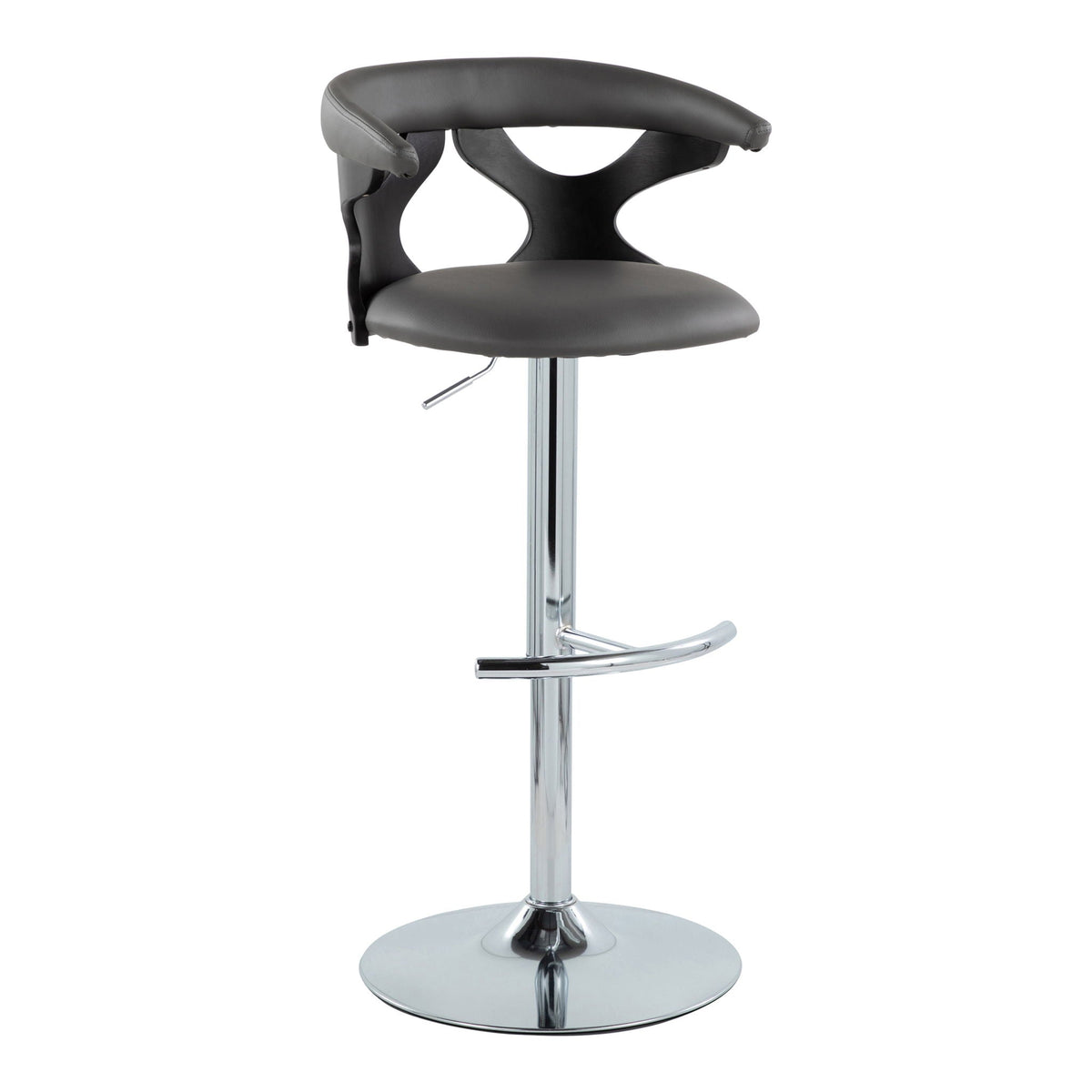 Contemporary adjustable barstool with swivel and T footrest, black padded seat and chrome base on Tampa Home & Garden Store