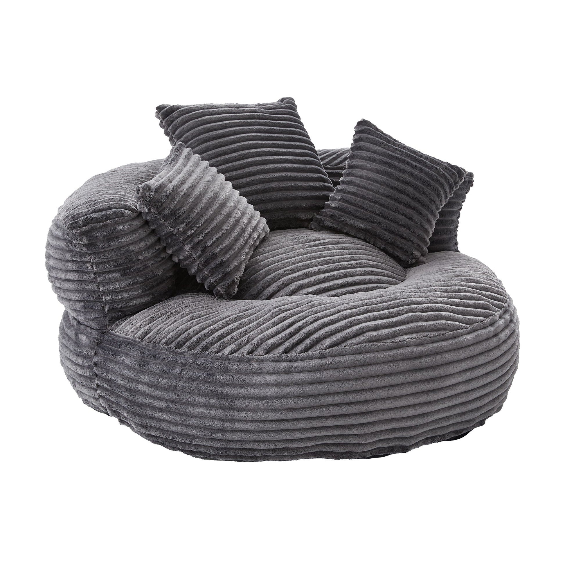 Oversized Bean Bag Chair with 3 pillows and armrest in dark gray corduroy fabric on Tampa Home & Garden Store