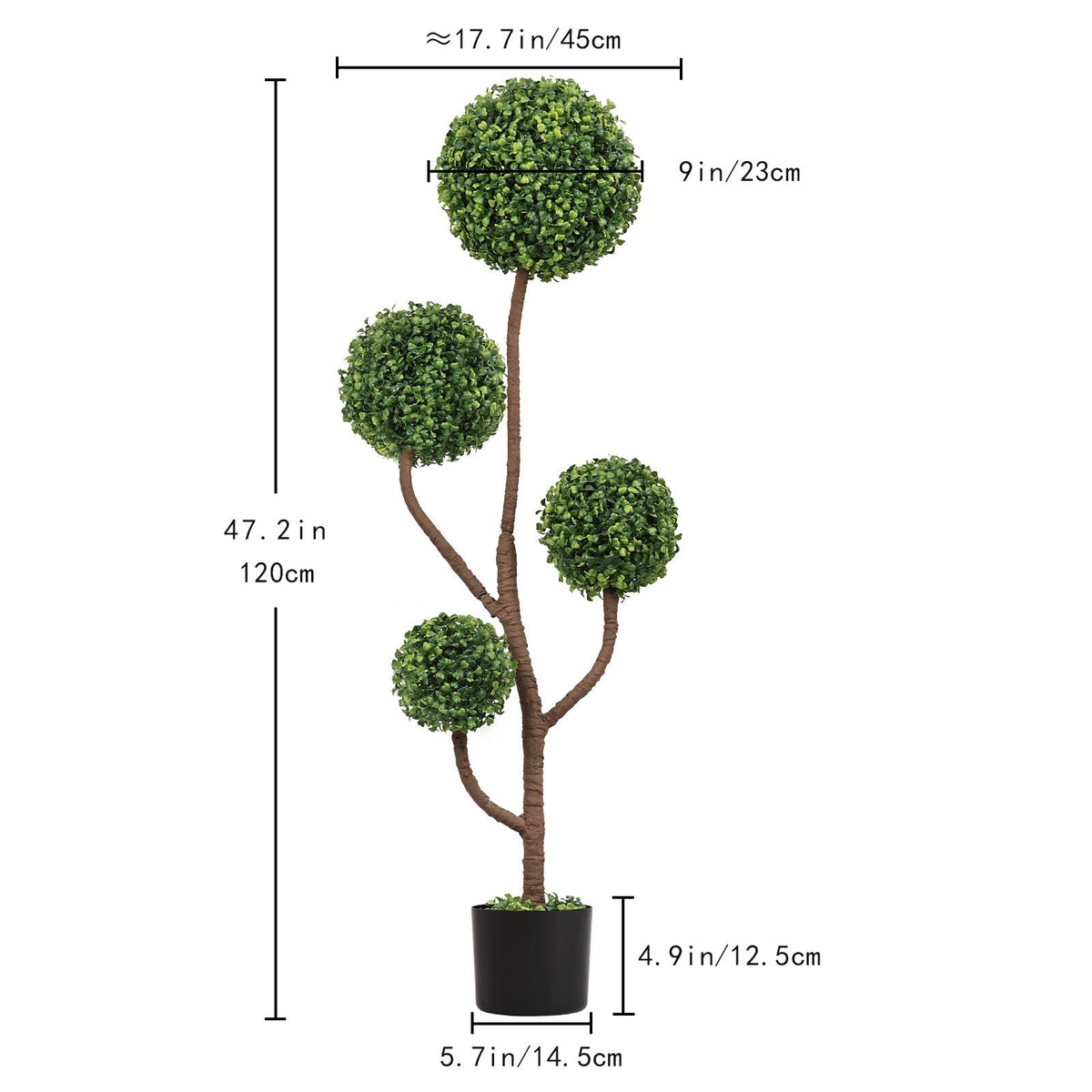 4ft tall artificial boxwood topiary tree with brown trunks in a black pot HouseOfZazla on Tampa Home & Garden Store