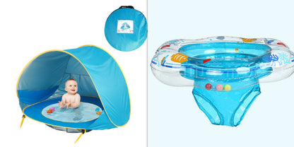 Baby beach tent and inflatable kiddie pool set, blue with yellow trim, two items on Tampa Home & Garden Store