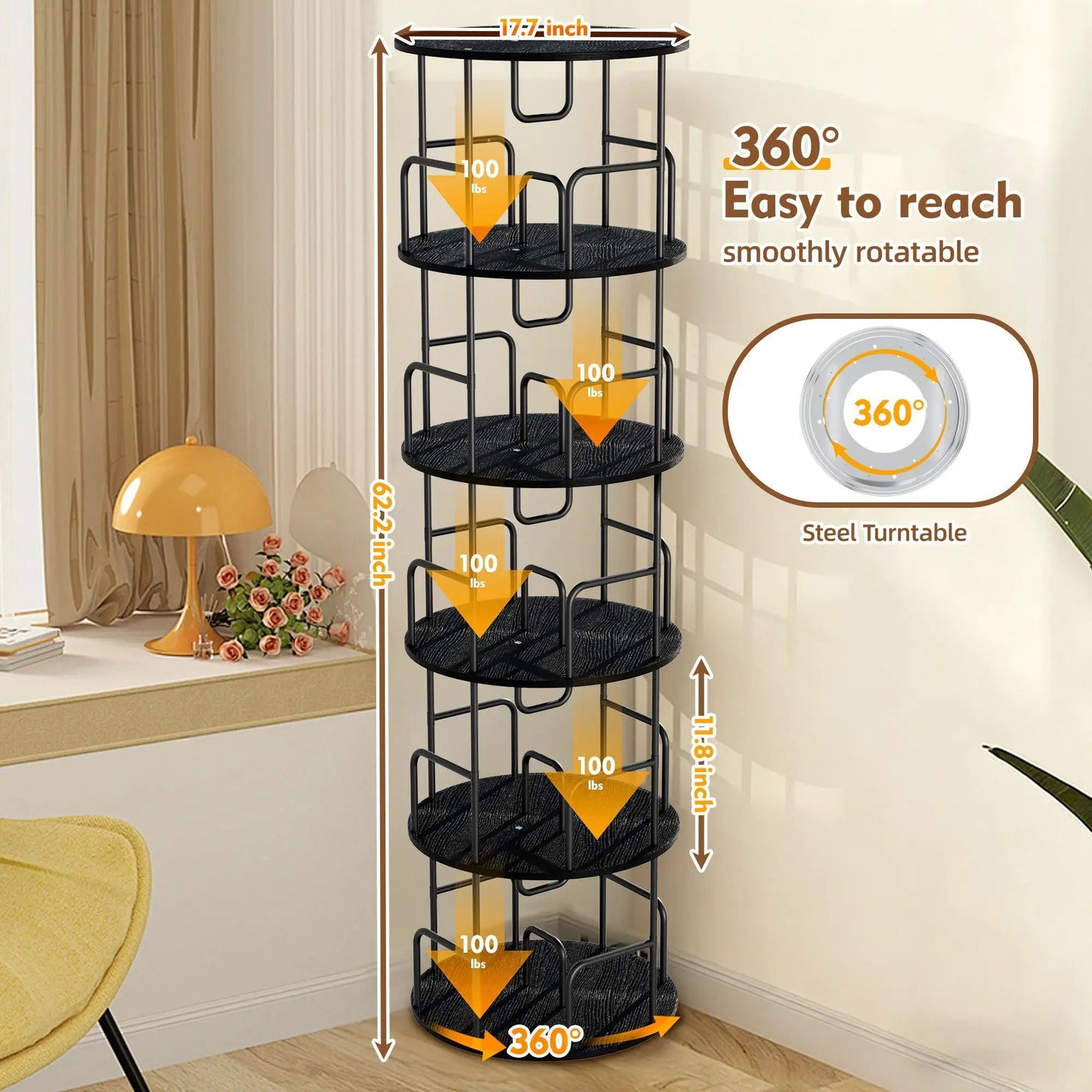 Rotating Bookshelf Tower 5 Tier Spinning Shelf