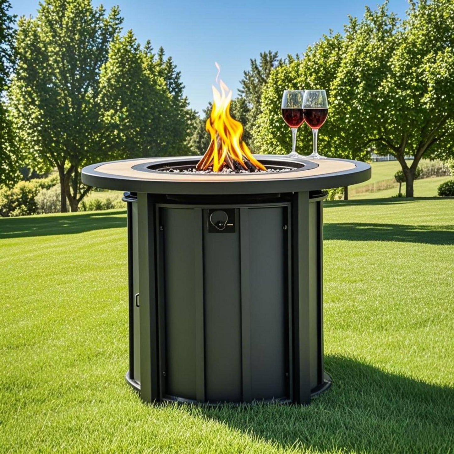 30-inch propane fire pit table with mosaic ceramic top, gray base, flames & two wine glasses on Tampa Home & Garden Store