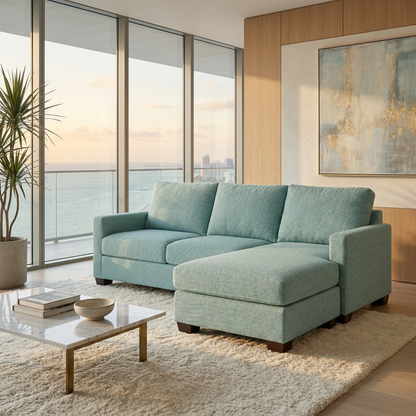 Modena Sectional Sofa by HouseOfZazla, customizable L-shaped teal textured fabric on Tampa Home & Garden Store
