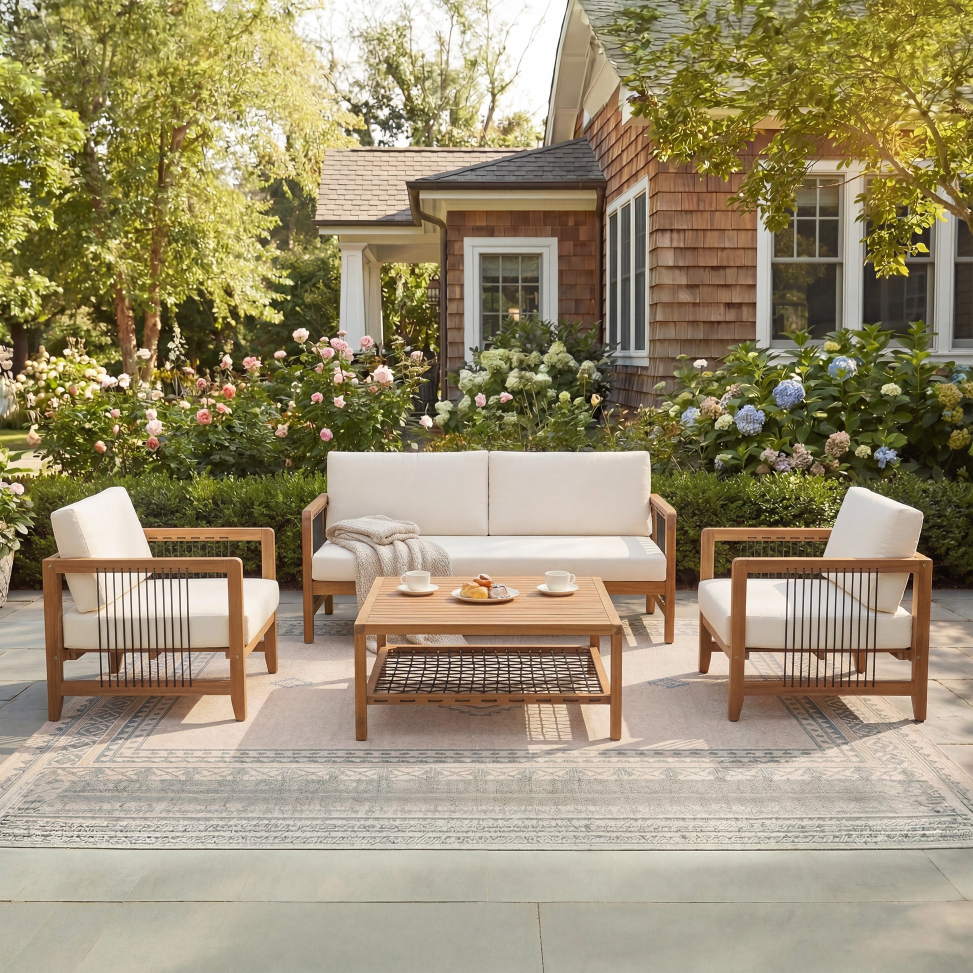 4-Piece Acacia Wood Outdoor Patio Sofa Set with white cushions by HouseOfZazla on Tampa Home & Garden Store