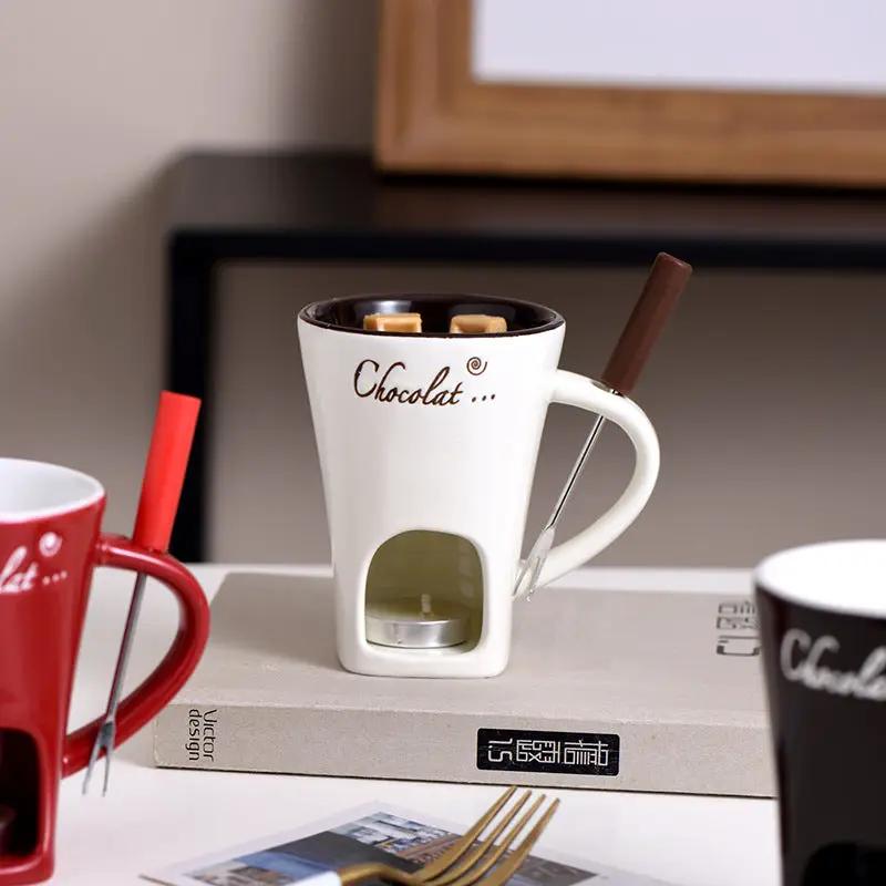 White ceramic chocolate cup hot pot stove by FLIPSTYLEZLLC, brown interior, chocolate script on Tampa Home & Garden Store