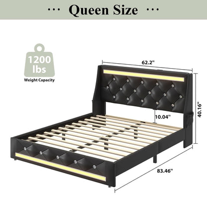 Wingback Upholstered Bed Frame Led and Usb