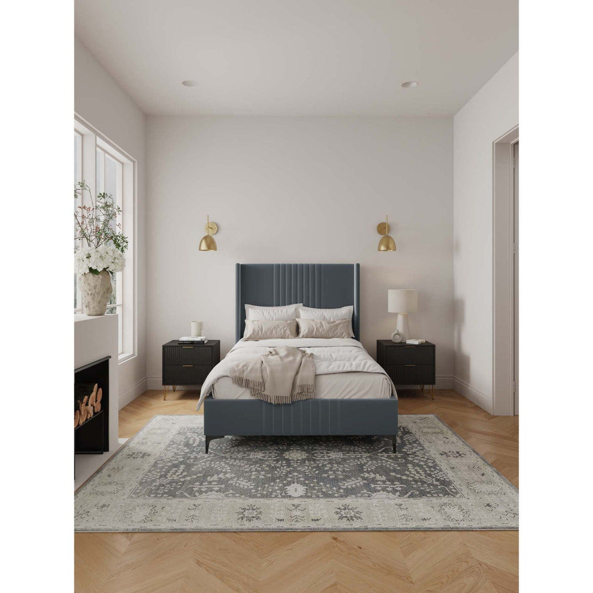 Promenade bed with blue-gray upholstered headboard and slats, black nightstands on Tampa Home & Garden Store