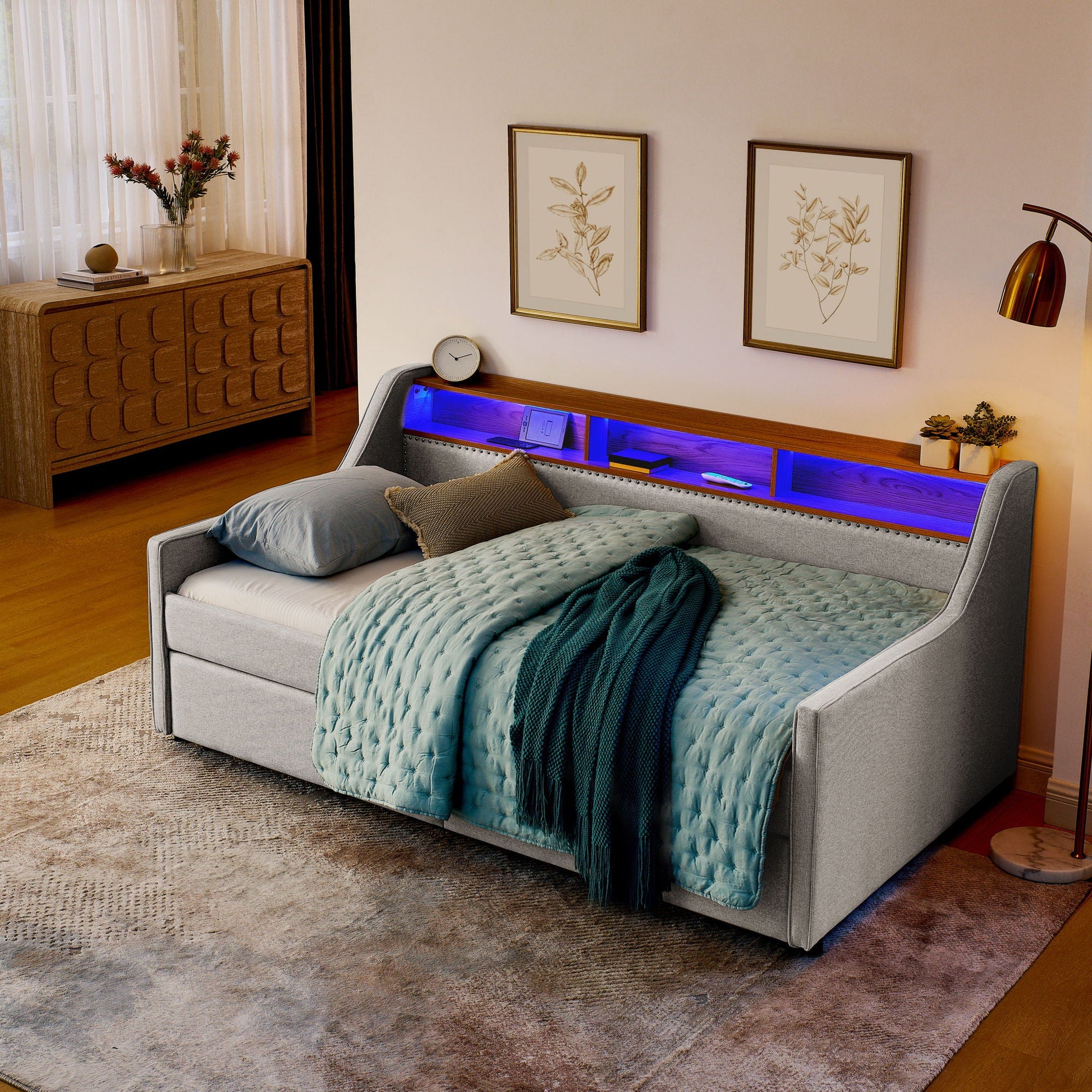 Twin upholstered bed with blue LED lighting, gray fabric, built-in storage shelf on Tampa Home & Garden Store