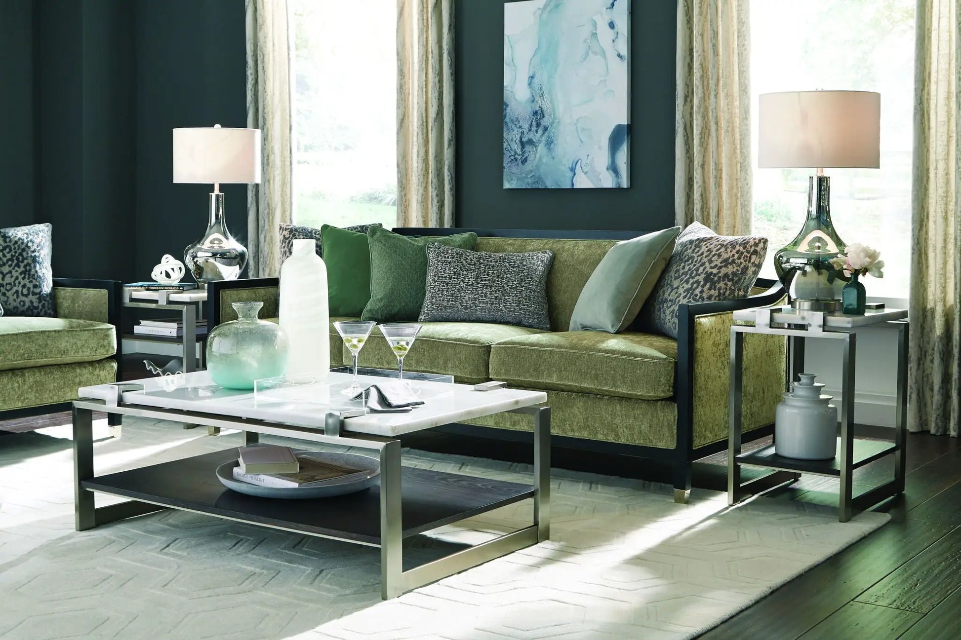Pair of Paradox rectangular end tables by Unique Piece Furniture with chrome frames on Tampa Home & Garden Store