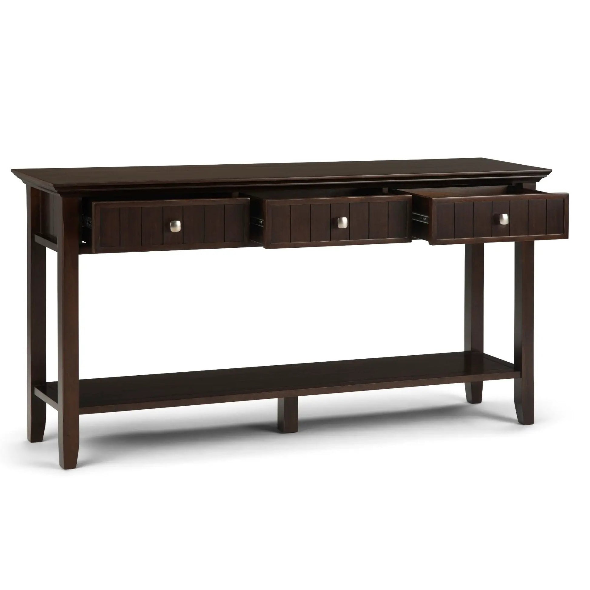 Acadian wide console sofa table in brunette brown with multiple small drawers and metal knobs on Tampa Home & Garden Store