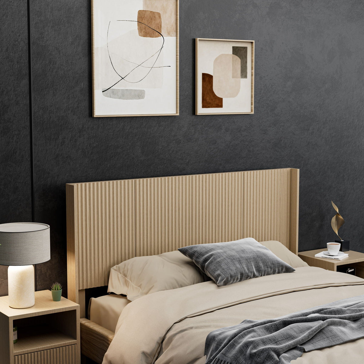 Panel headboard, wide fluted light brown wood; two art frames on Tampa Home & Garden Store