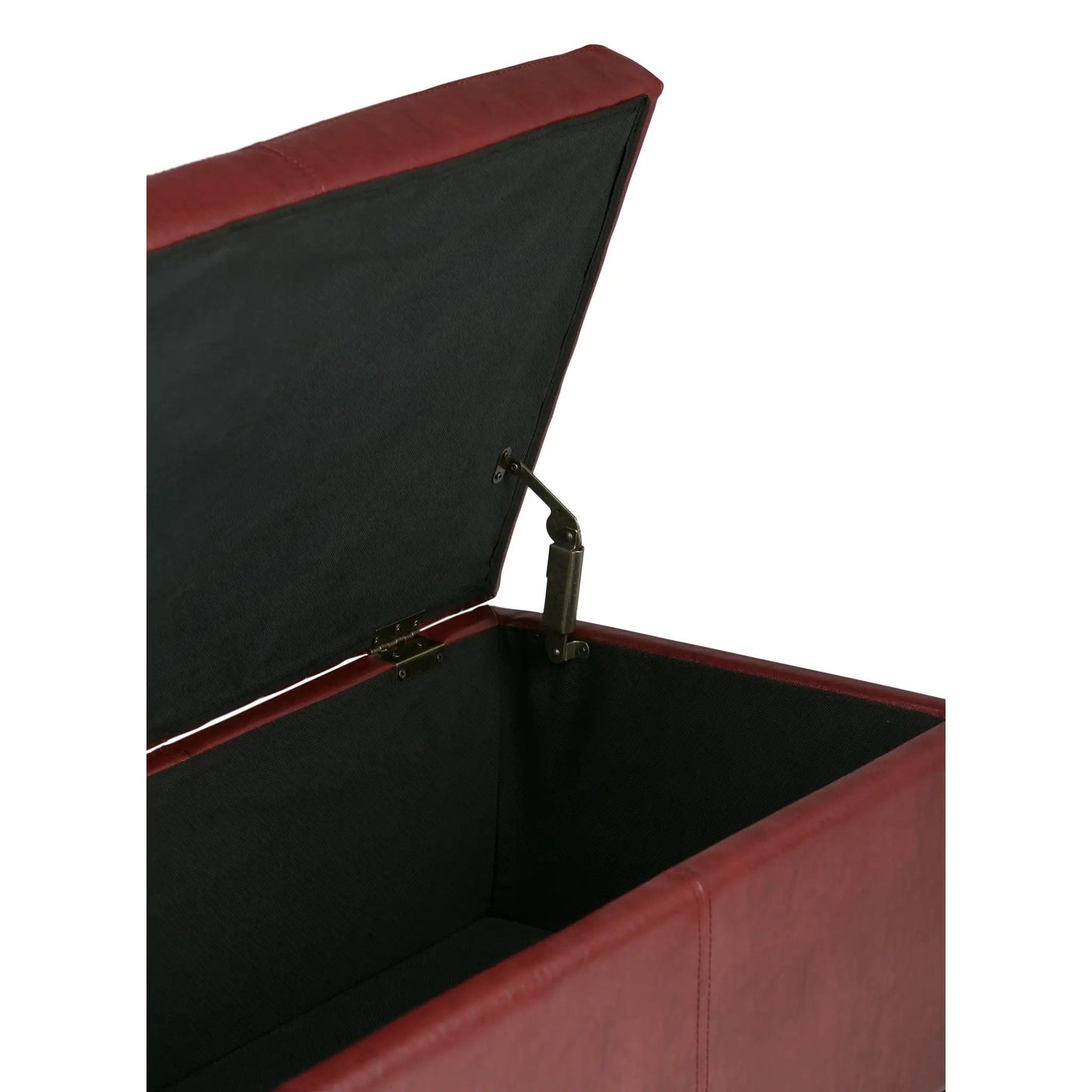Avalon Storage Ottoman Bench red leather trim black fabric body brass hardware on Tampa Home & Garden Store