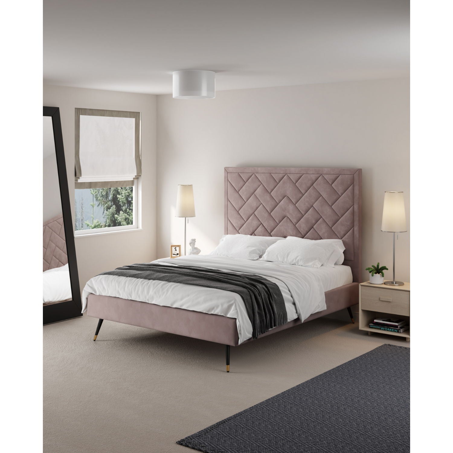 Crosby bed with dusty rose upholstered headboard and slatted base in a modern bedroom on Tampa Home & Garden Store
