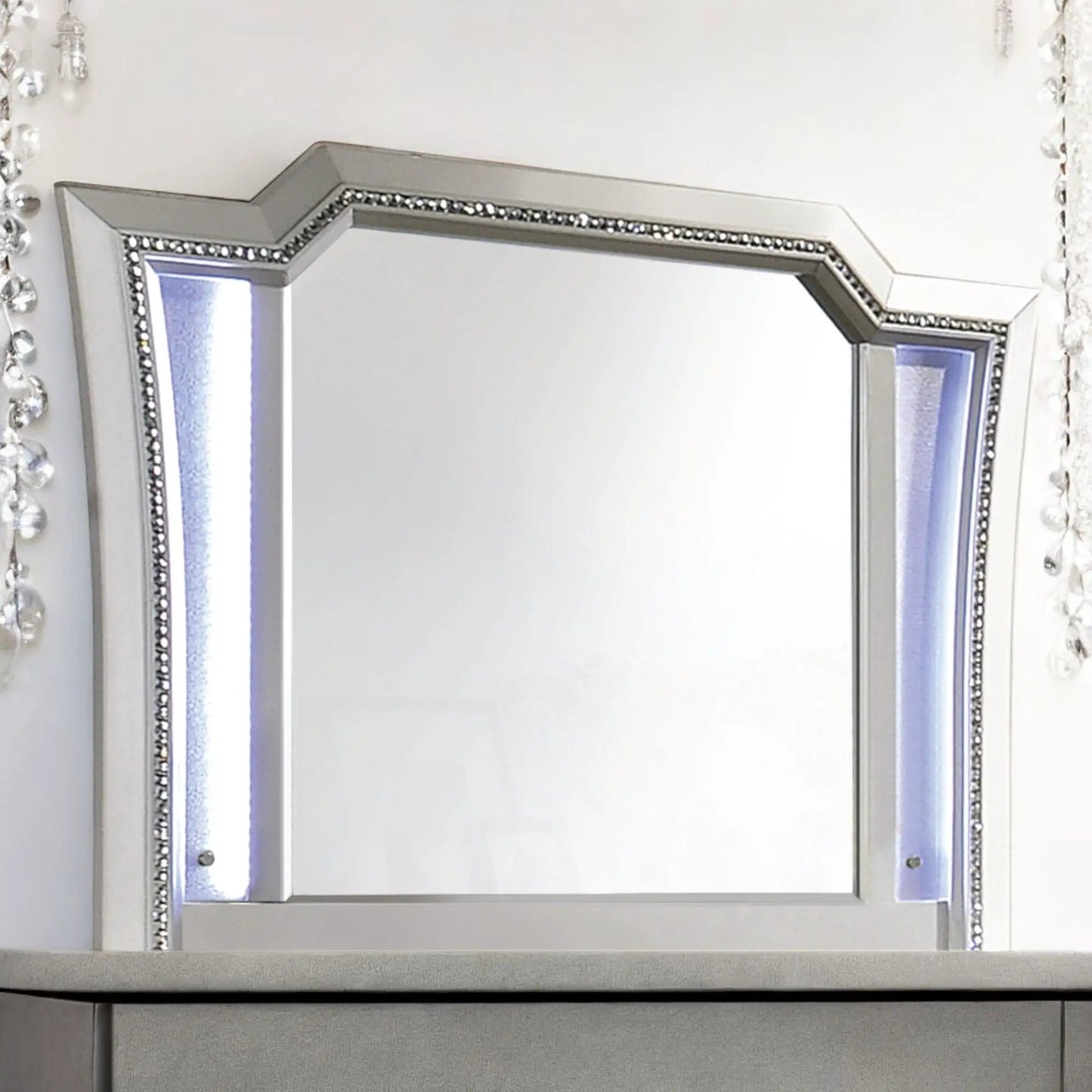 Kaitlyn Mirror With LED by Unique Piece Furniture, silver framed vanity mirror with beaded edge on Tampa Home & Garden Store