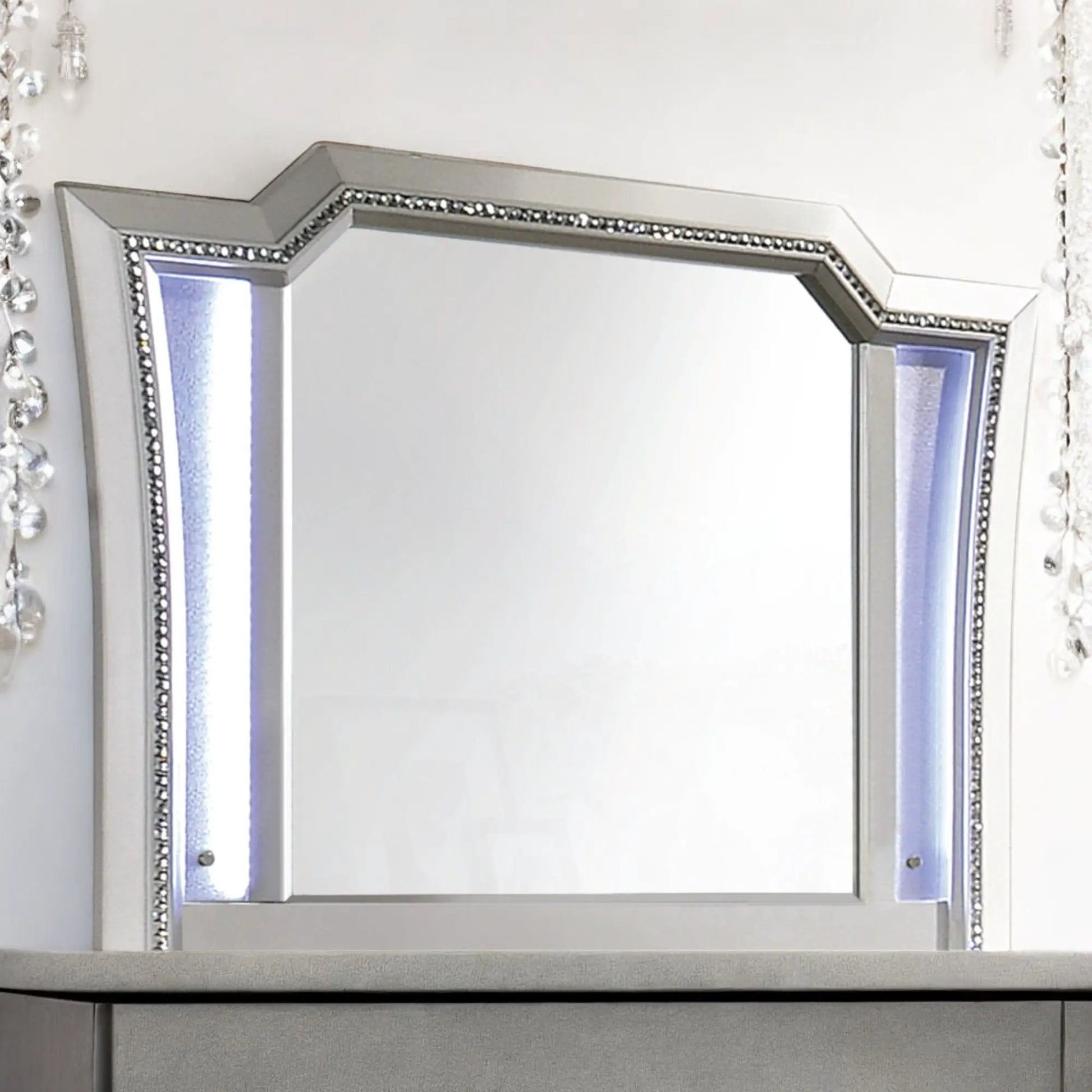 Kaitlyn Mirror With LED by Unique Piece Furniture, silver framed vanity mirror with beaded edge on Tampa Home & Garden Store