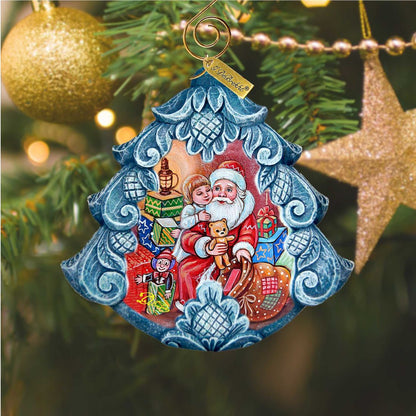 Gift Giver Santa ornament by G. DeBrekht, hand-painted blue sculpted Santa with gifts on Tampa Home & Garden Store