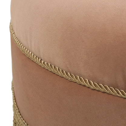 Yolanda round upholstered ottoman in tan suede fabric with gold rope trim on Tampa Home & Garden Store