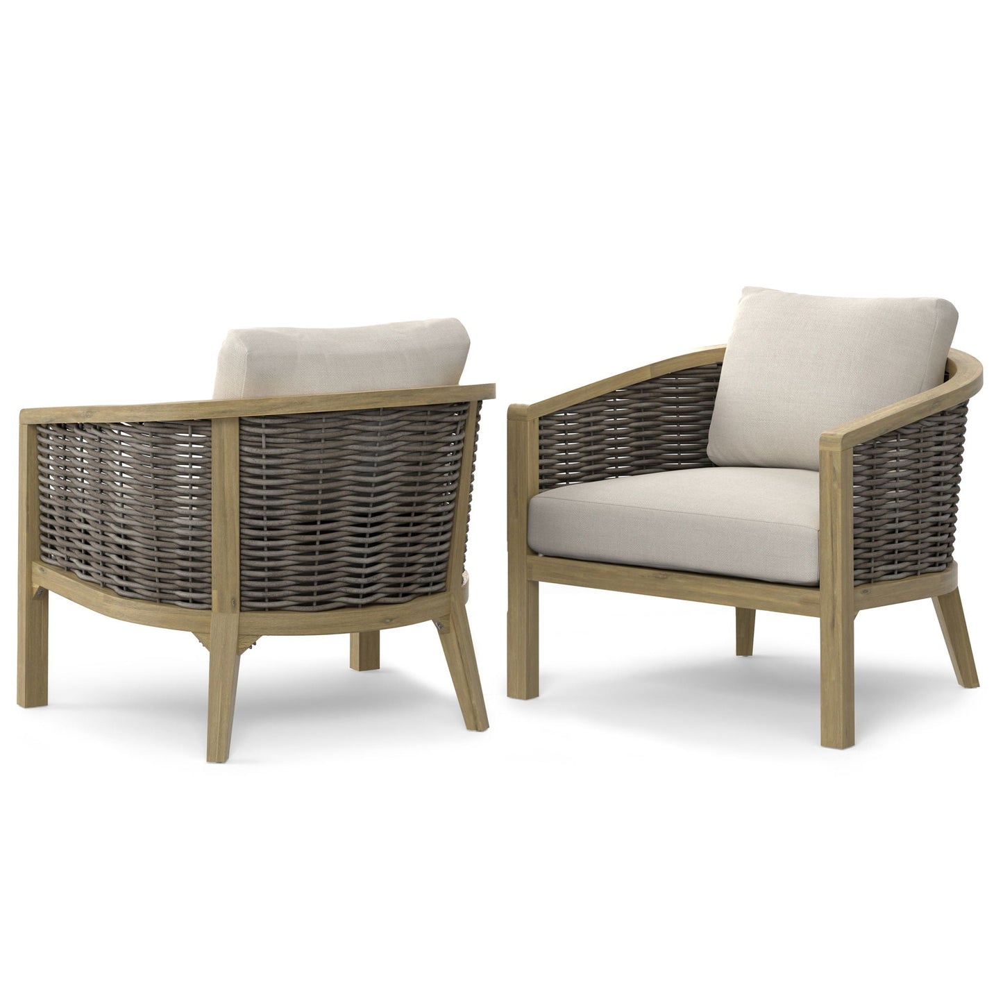 Parkside outdoor chair set of 2 with light wood frame and dark wicker beige cushions on Tampa Home & Garden Store