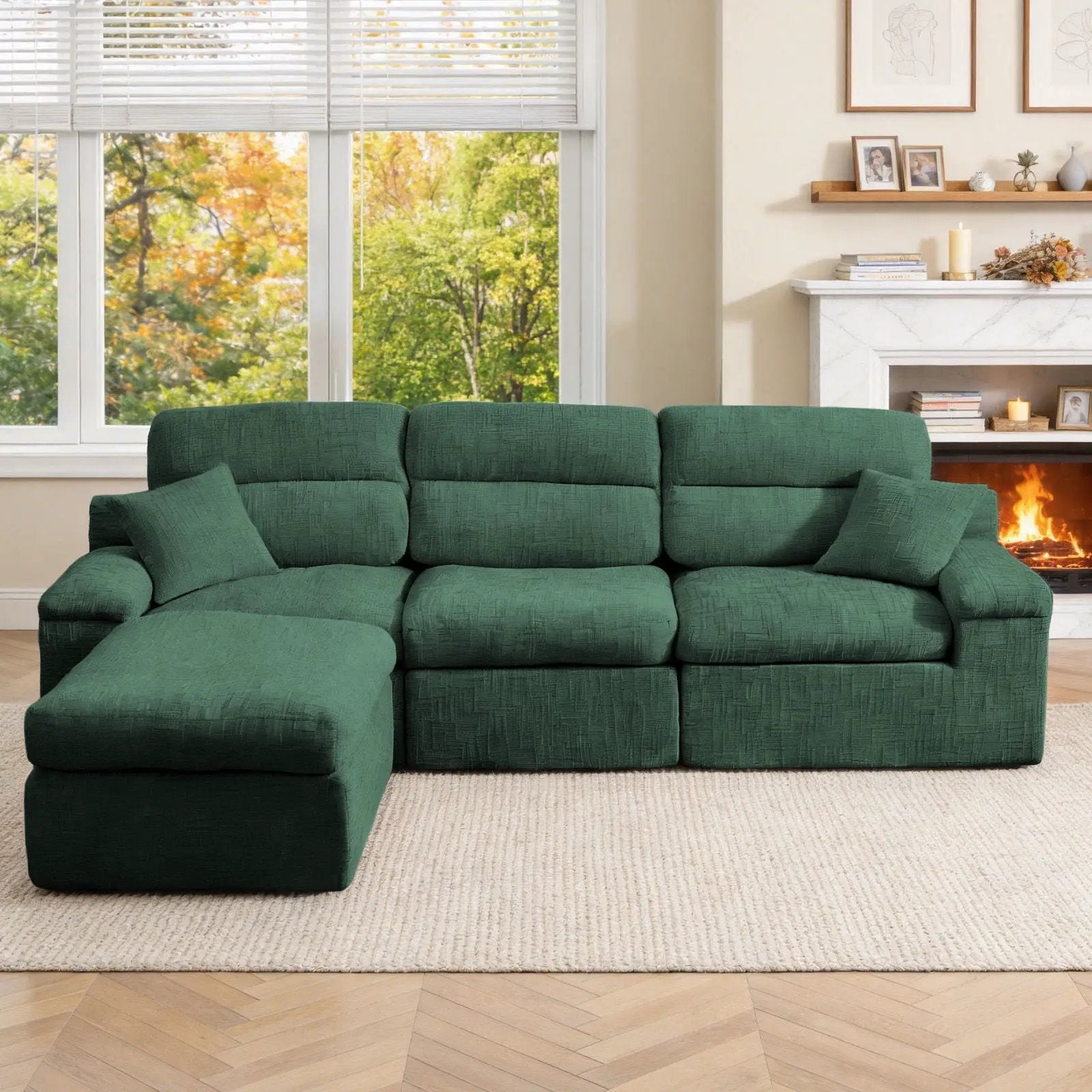 Corner Chaise Sofa With High Backrest, green fabric 2-piece set with left chaise by Unique Piece Furniture on Tampa Home & Garden Store