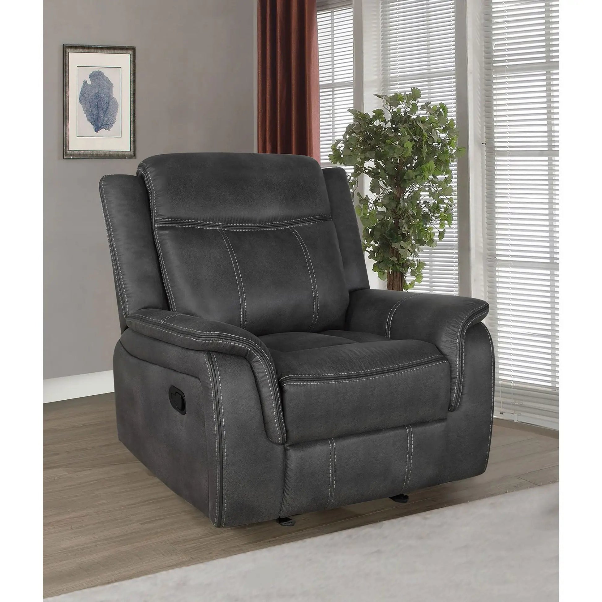 Franklin upholstered padded arm glider recliner charcoal with stitching Unique Piece Furniture on Tampa Home & Garden Store