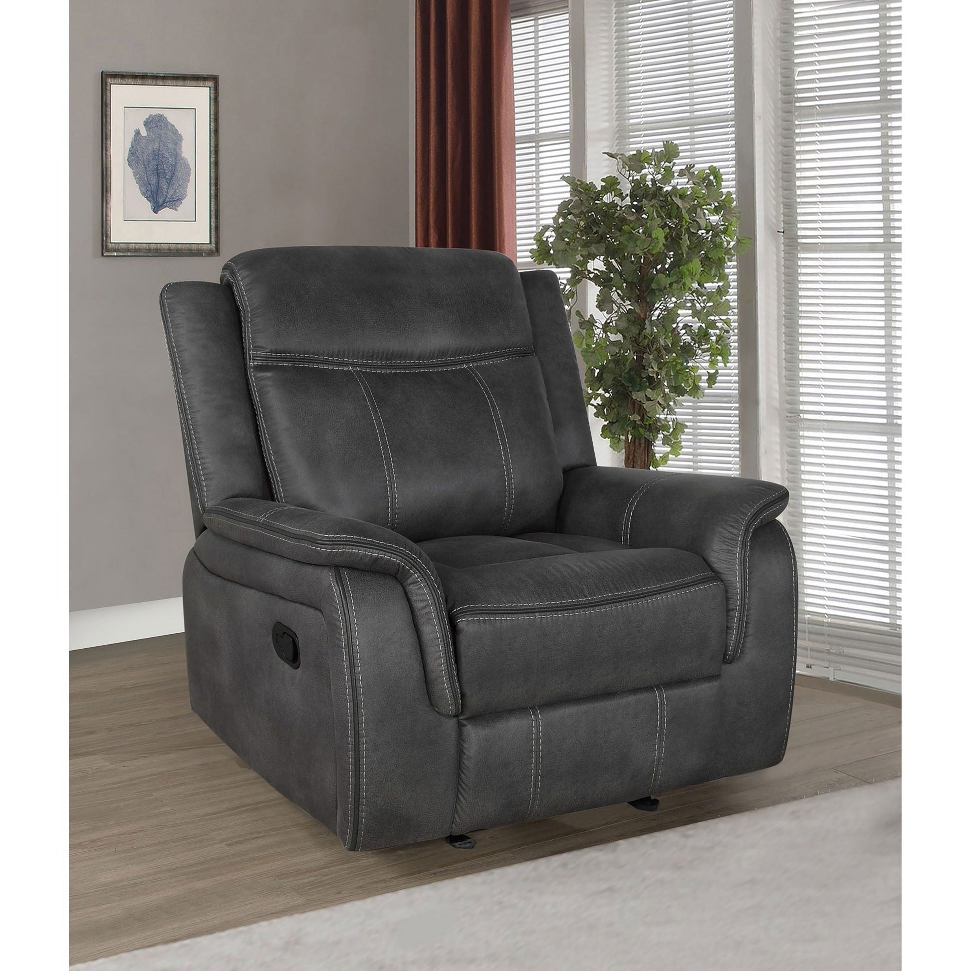 Franklin Upholstered Arm Glider Recliner, charcoal with white contrast stitching on Tampa Home & Garden Store