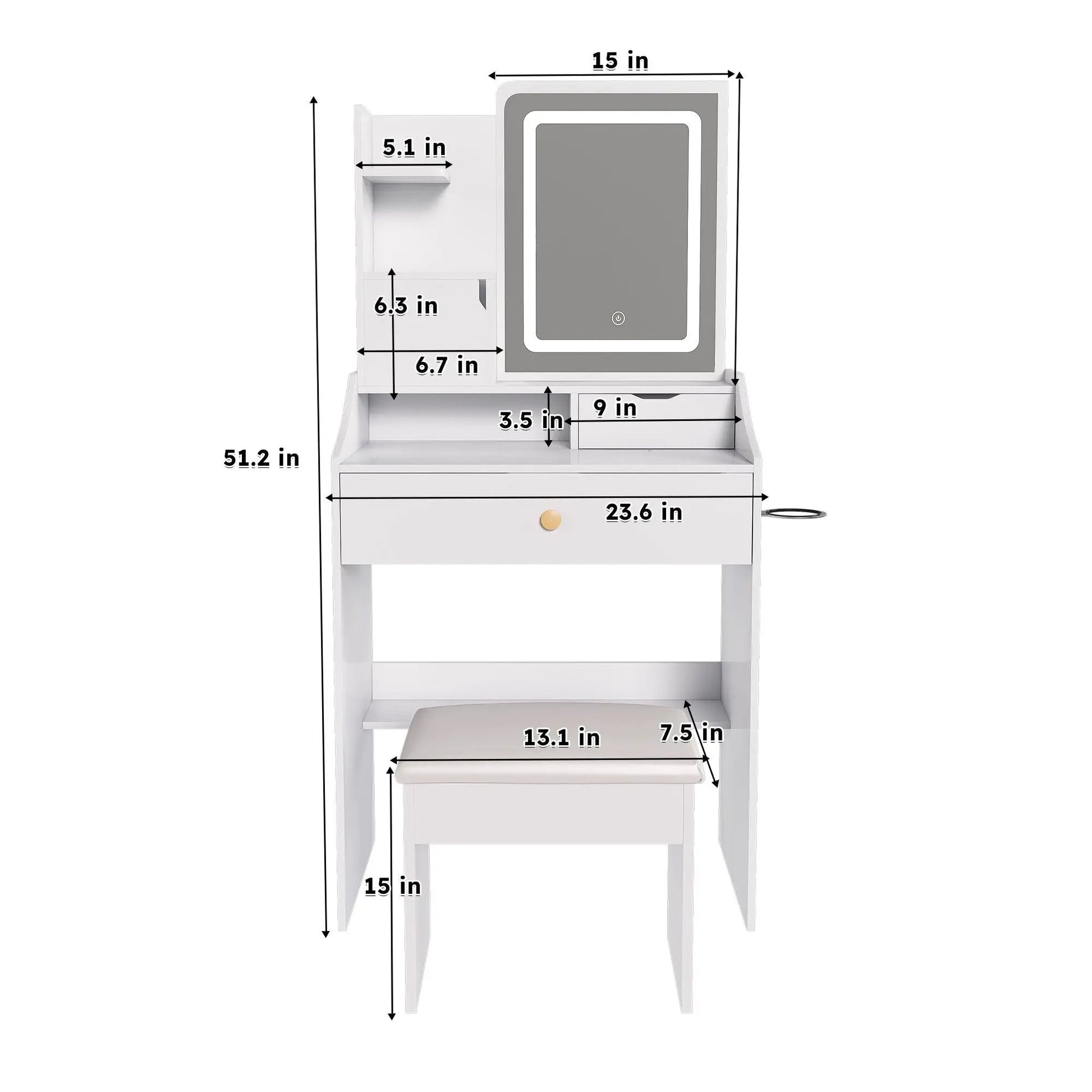 3-color LED vanity mirror with stool; white finish, 2 drawers and 5 storage cabinets on Tampa Home & Garden Store