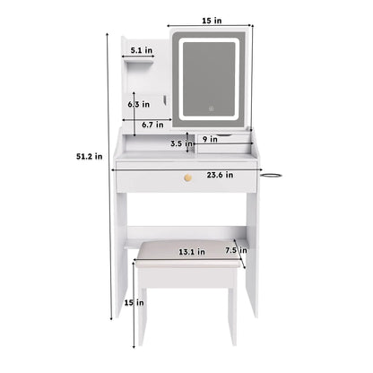 3-color LED vanity mirror with stool; white finish, 2 drawers and 5 storage cabinets on Tampa Home & Garden Store