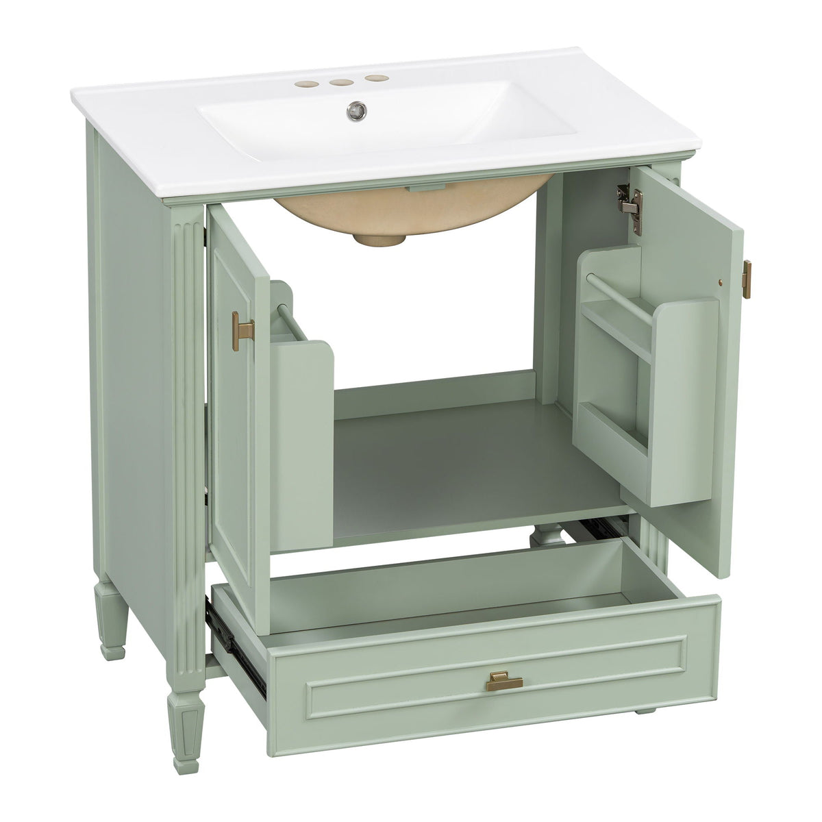 Freestanding vanity in pale green with white top, built-in sink, soft-close doors and drawers on Tampa Home & Garden Store