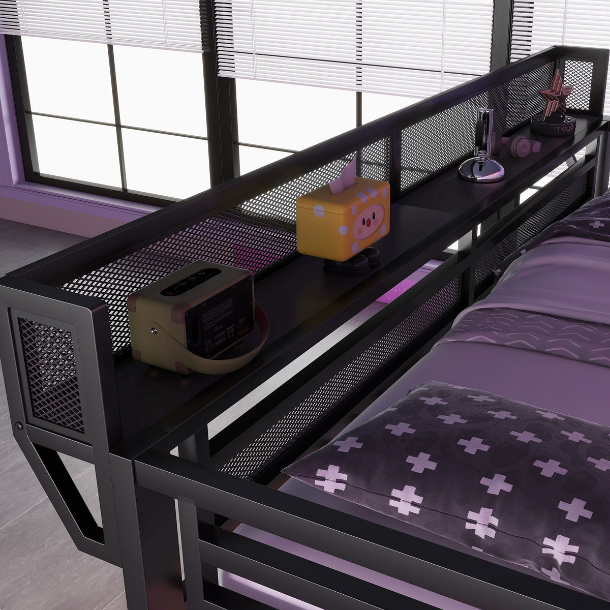 Loft bed with desk and charging station, black metal frame with stairs and built-in light on Tampa Home & Garden Store