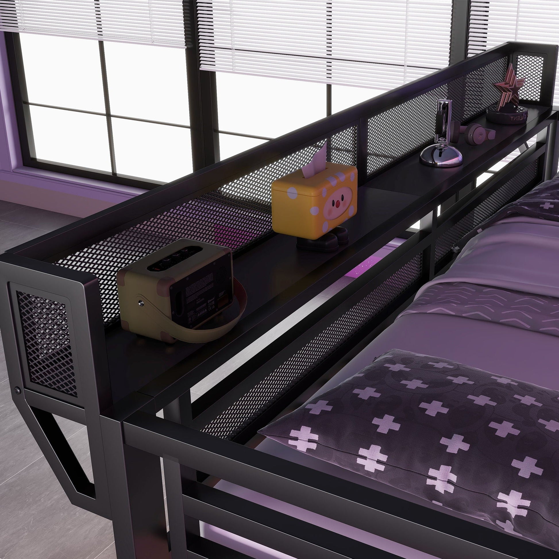 Loft bed with desk and charging station, black metal frame with stairs and built-in light on Tampa Home & Garden Store