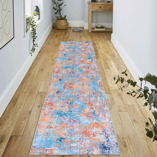 Maval washable runner rug by Unique Piece Furniture in blue orange abstract pattern on Tampa Home & Garden Store