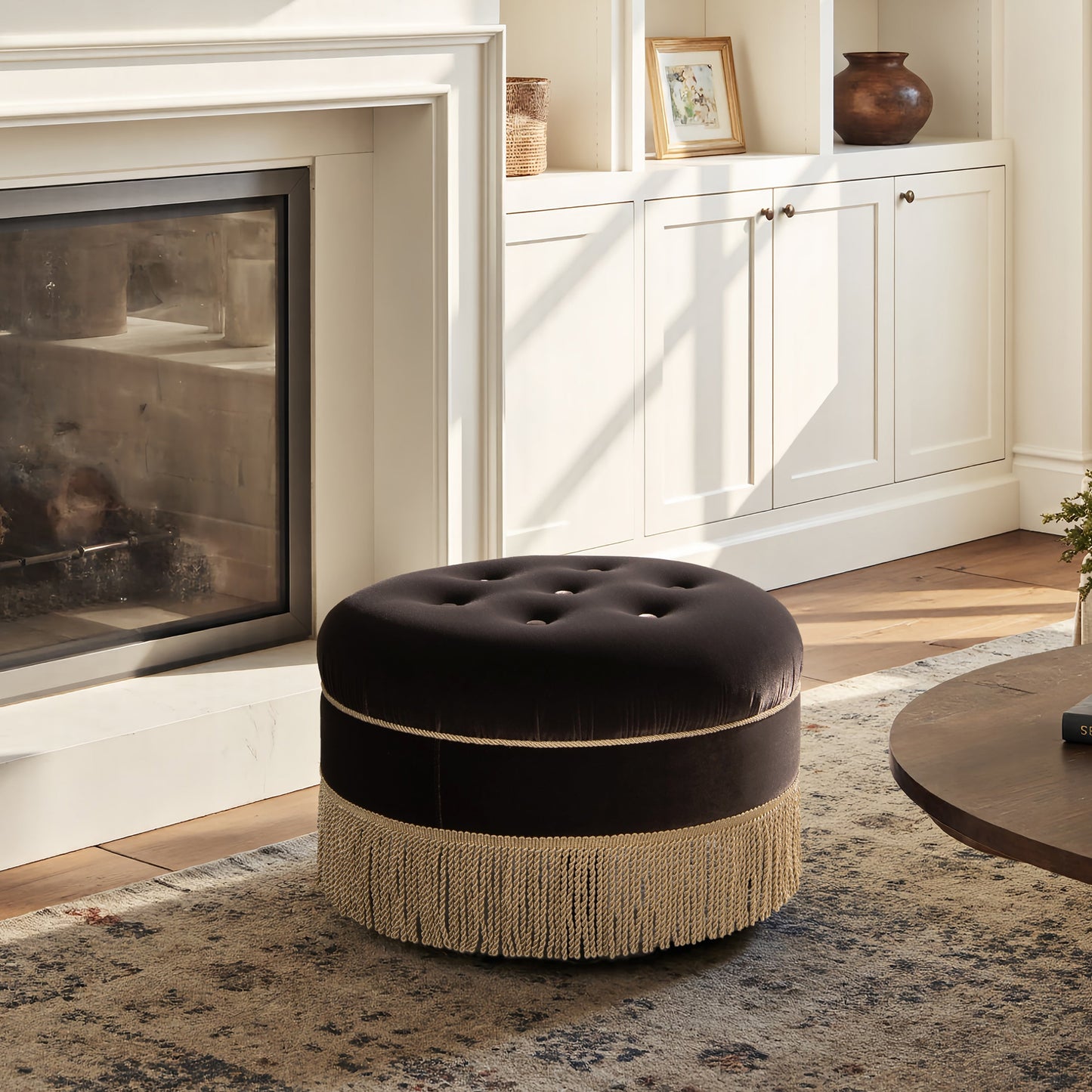 Yolanda 24in round upholstered ottoman in deep brown velvet with tufted top and woven base on Tampa Home & Garden Store